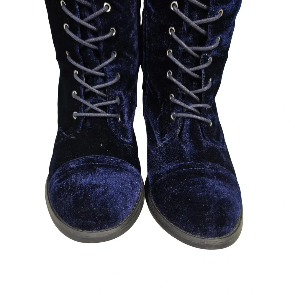 Steampunk Tall Boots Womens 7.5 Blue Jermesha Velvet Lace Up Side Zip Boots